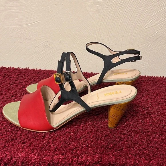 Fendi Olive Faille Color Block Ankle Strap Sandals size 8 - Picture 4 of 17